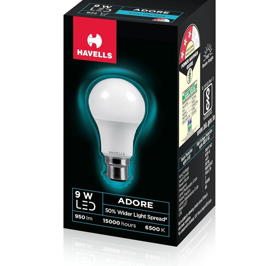 Havells 9w LED Bulb for Home & Office |B22 LED Bulb Base |Cool Day White Light (6500K) |4Kv Surge Protection |High Voltage Protection |Eco Friendly Energy Efficient | Pack of 1