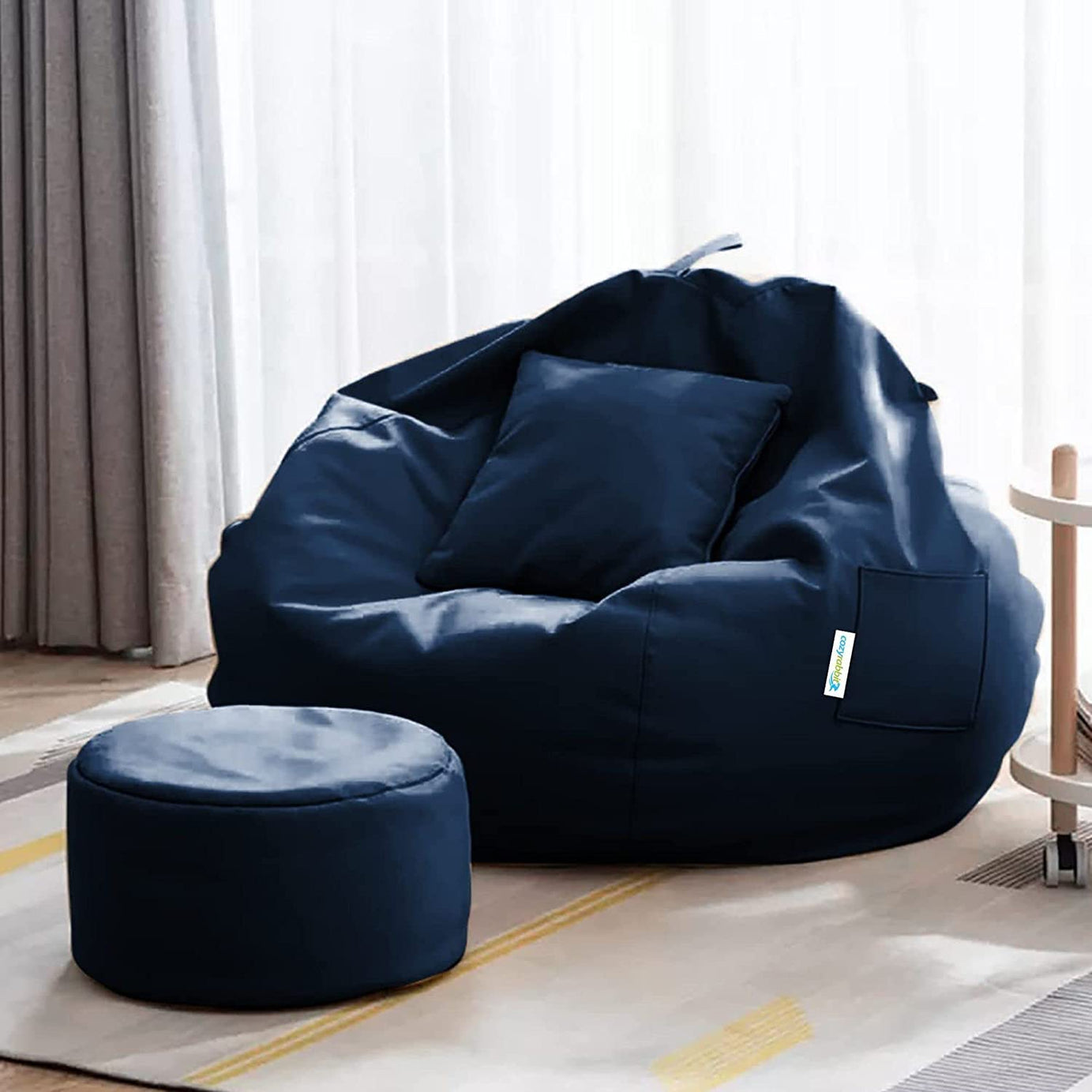 Slingster Jumbo Faux Leather Bean Bag with Footrest & Cushion Filled with Beans (Ready to Use) (NAVY BLUE)