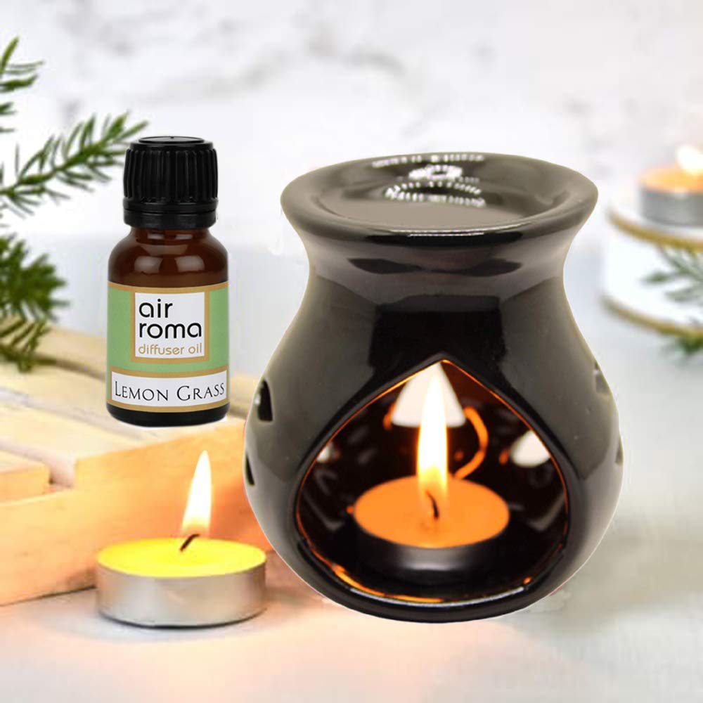 Air-roma Black Ceramic Aroma Diffuser Burner with Lemon Grass Diffuser oil 10ml and 2 Candles | Pack of 4 Pieces | Perfect for Gift Set