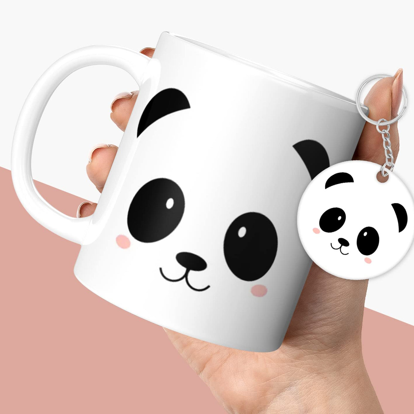 NH10 DESIGNS Cute Panda Face Printed Coffee Mug and Keychain Gift for Cartoon Lovers Friends, Girls, Sister, Daughter, Wife, Birthday Gifts for Kids (Microwave Safe Ceramic Coffee Mug-350ml) PWMK 1