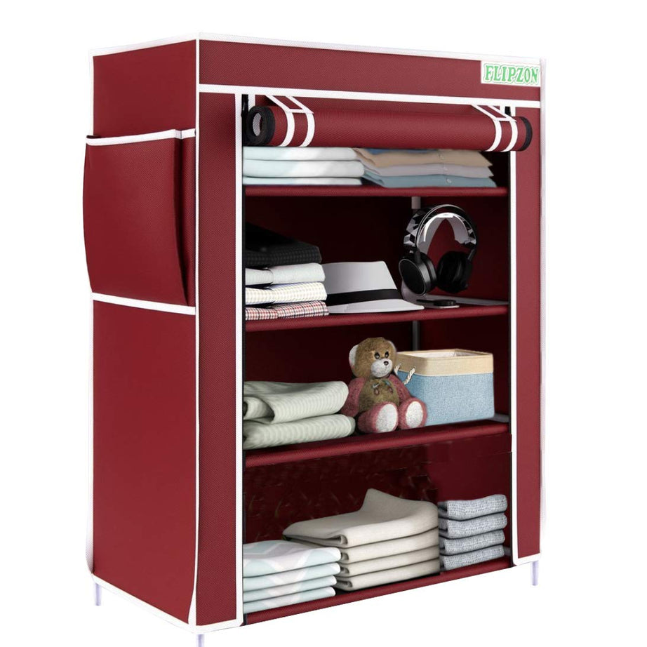 FLIPZON Multipurpose 4 Shelve Wardrobe, (Iron and Non-Woven Fabric), Maroon