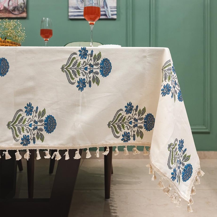 Urban Space 100% Cotton Dining Table Cover 6 Seater, Printed Cotton Table Cloth For Center Table With Boho Tassels, 54" X 92" - (6 Seater, Liberty Blue) - Rectangular