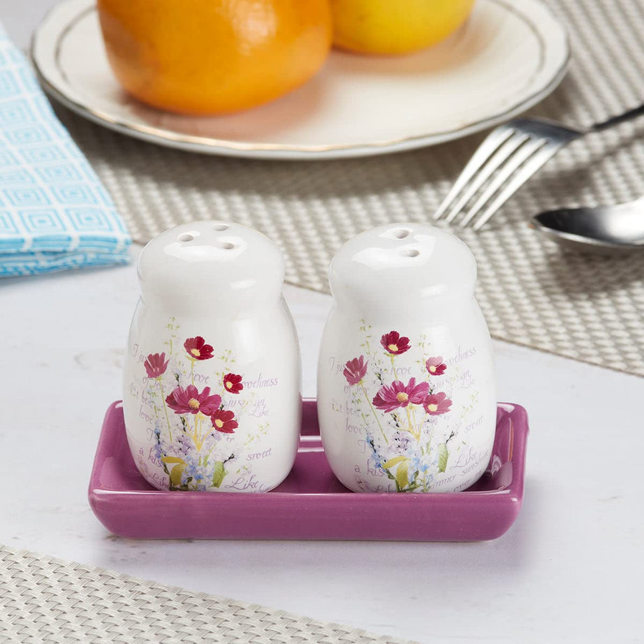 Ceramic Salt and Pepper Shakers Set with Tray for Dining Table Used as Namak Dhani, Shaker, Sprinkler, Spices Dispenser for Home, Kitchen and Restaurant (8592)