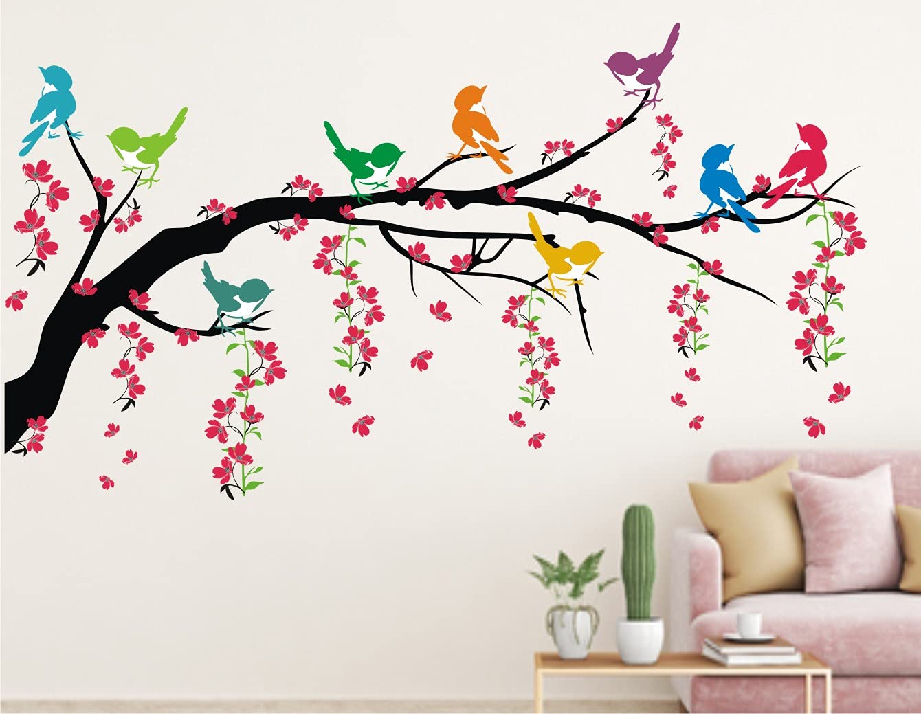 Heaven Decors Nature Tree with Hanging Vine and Flower Colorful Birds Wall Sticker for Bedroom (ideal size on wall: 110 cm x 60 cm),Multicolour