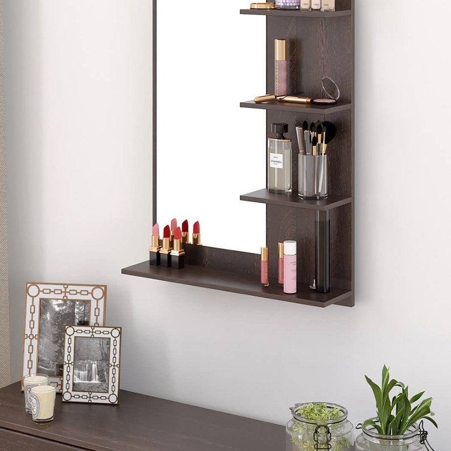 BLUEWUD Rico Mini Engineered Wood Wall Mount Dressing Table Organizer Makeup Vanity with Mirror Storage Shelves for Bedroom Home Furniture (Wenge)