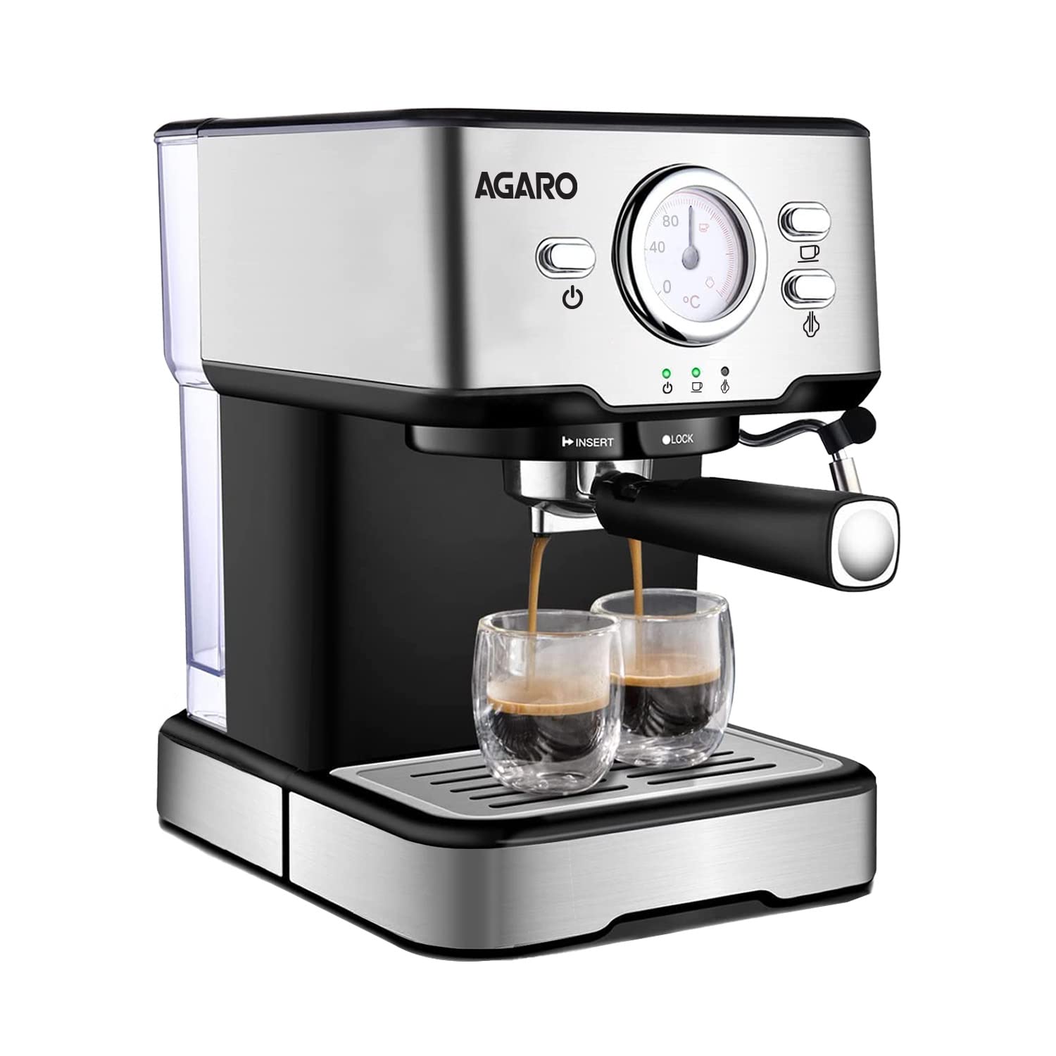 AGARO Imperial Espresso Coffee Maker, Coffee Machine, 15 Bars, With Foaming Milk, Frother Wand for Espresso, Cappuccino, Latte and Mocha, Steam Espresso Maker For Home, Adjustable Milk Frothing and Double Temperature Control System, Stainless Steel, 1100W