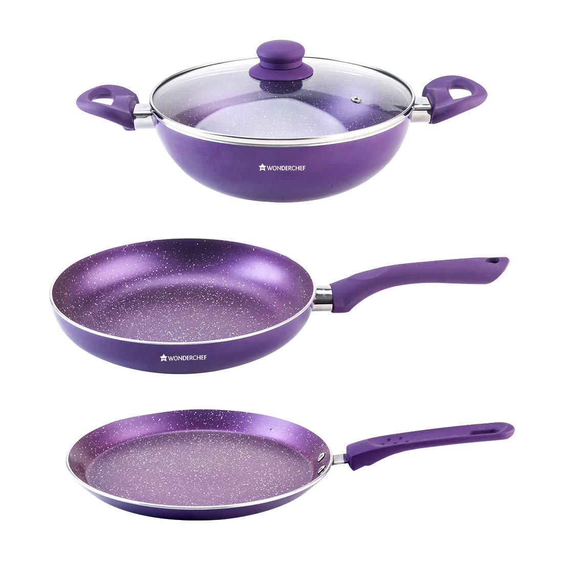 Wonderchef Orchid Non-Stick Cookware 4 Piece Set | Kadhai with Glass Lid 2.7L, Dosa Tawa 28cm, Fry Pan 24cm | Induction Bottom | Soft Touch Handles | Pure Grade Aluminium | PFOA Free | 2 Year Warranty | Purple