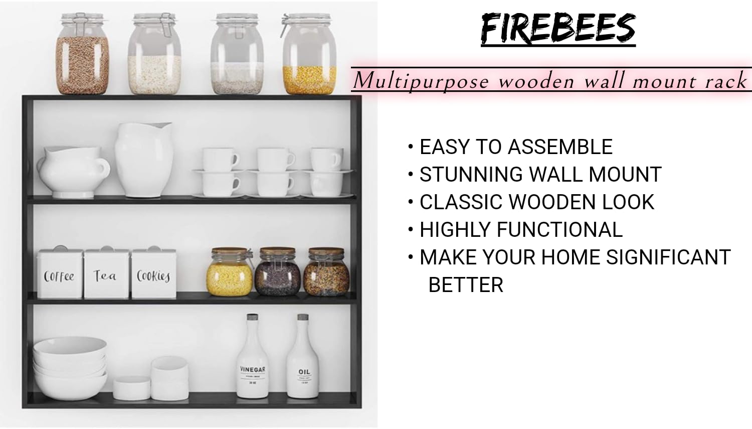 FireBees Wooden Kitchen Shelf Racks Wall Shelf Rack For Kitchen Storage Boxes Spice Jars Rack Wall Mounted,Wooden Wall Mounted Shelves | Spice Rack | Floor Rack | Organizer (White)