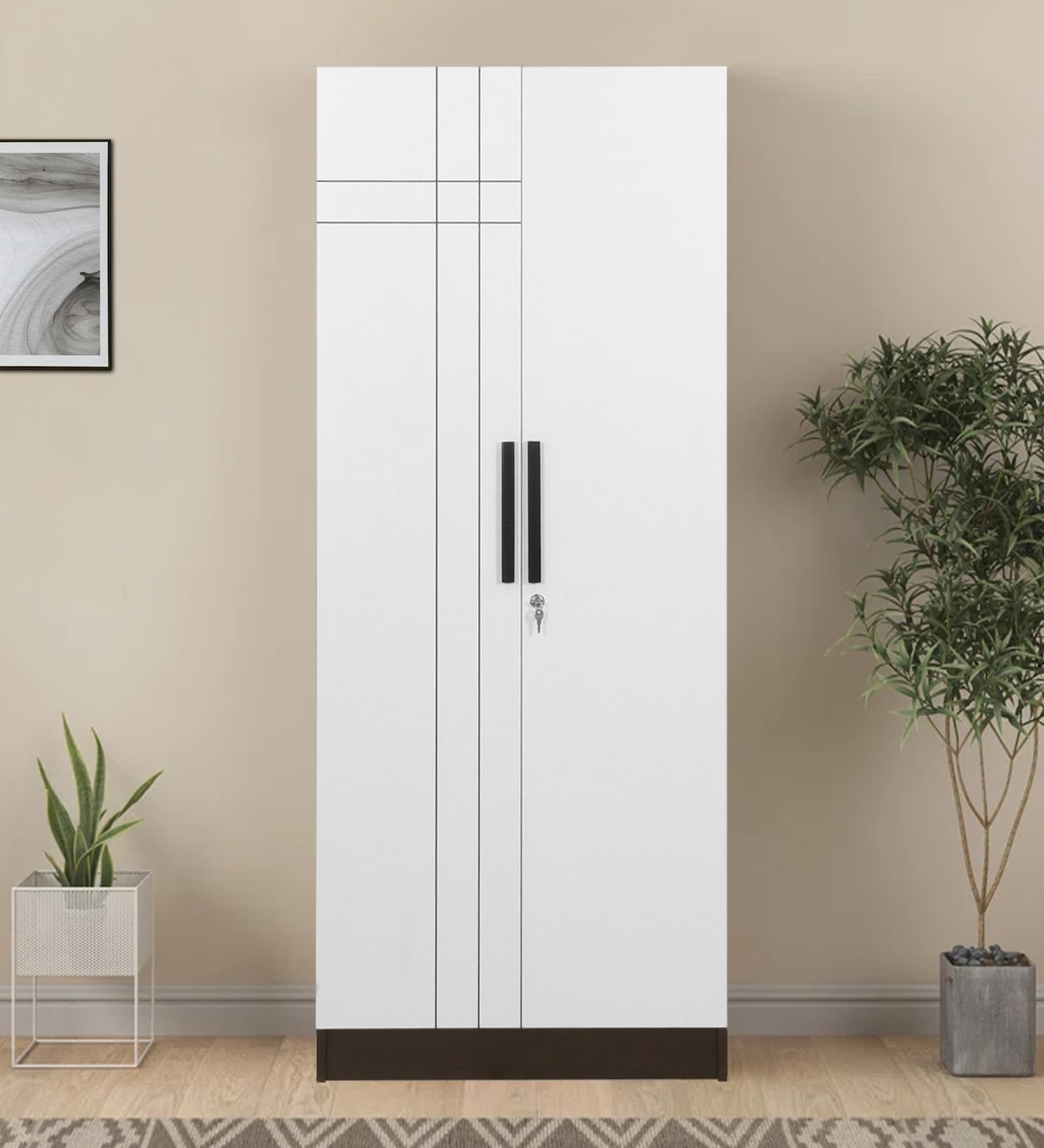 Witty Wud | Mosaic | Engineered Wood 2 Door Wardrobe with Locker without Mirror in Black Wenge & Frosty White Colour | 1 year Warranty