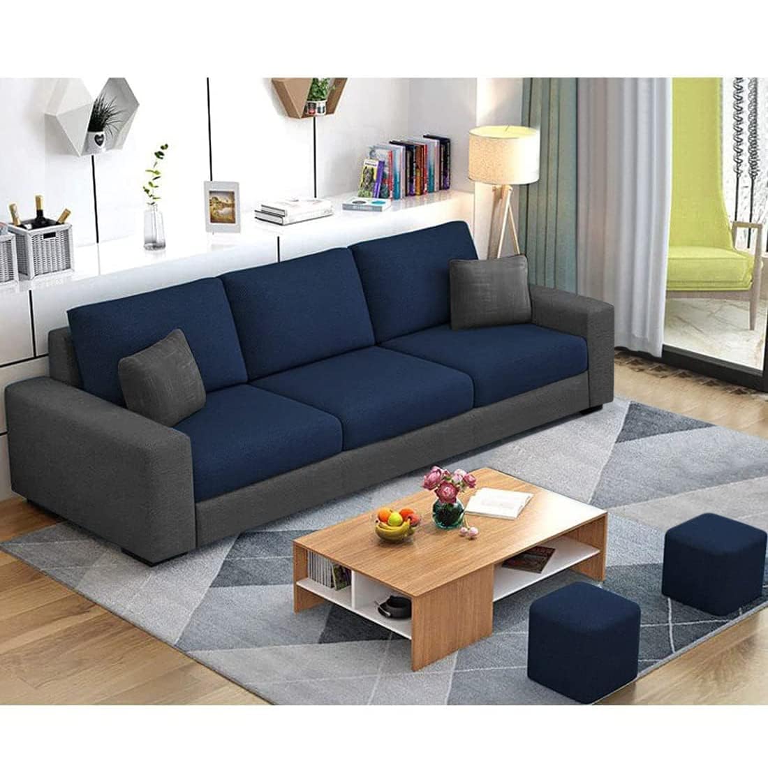 FURNY Arvon 3 Seater Fabric Sofa Set with 2 Puffy for Living Room in (Blue-Dark Grey)