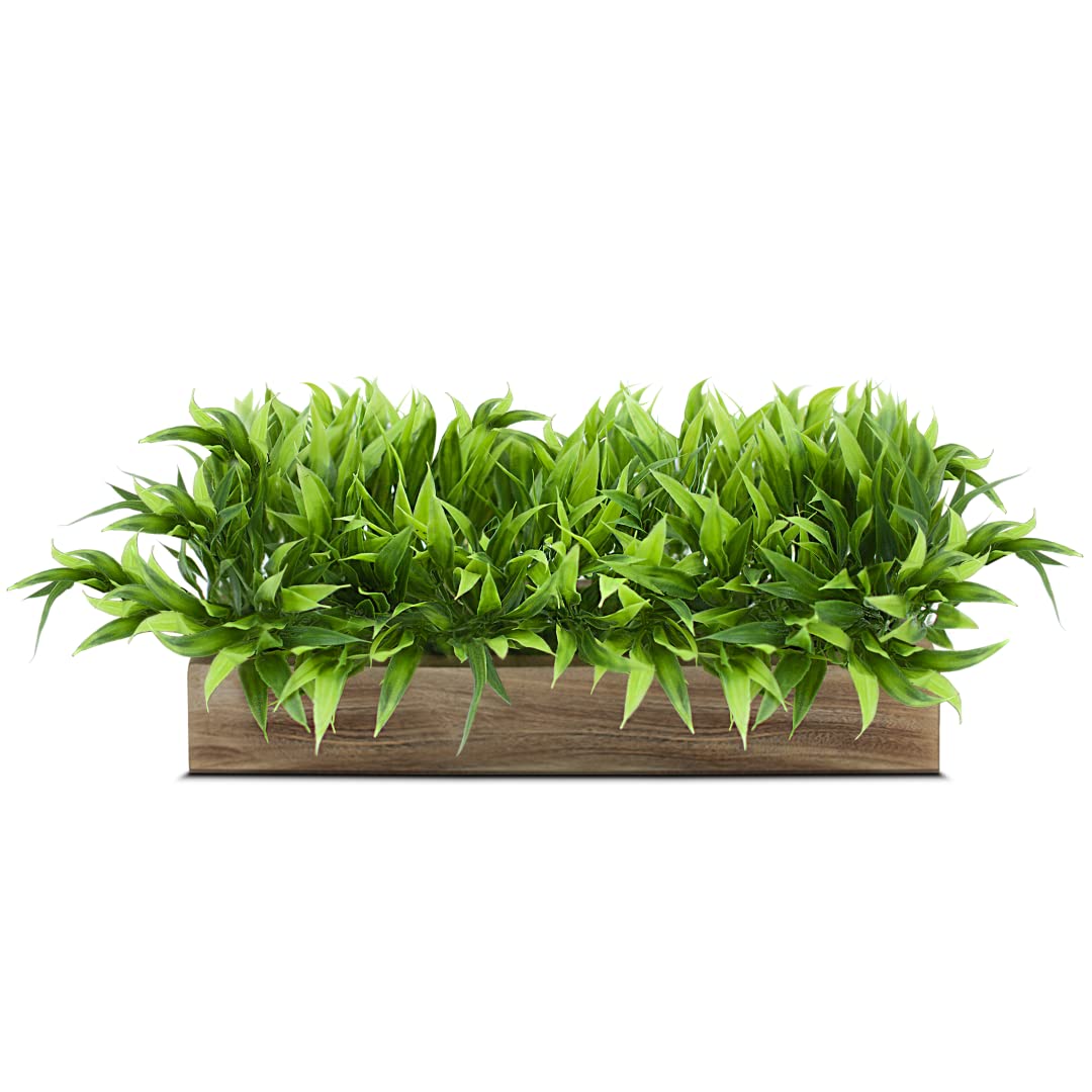 DecoreBugs Plastic Artificial Plant Bamboo Leaves In Wooden Rectangular Tray, Faux Desk Plant In Pot For Indoor Home Office Any Room Decor, Realistic Leaves, Easy To Clean And Maintain