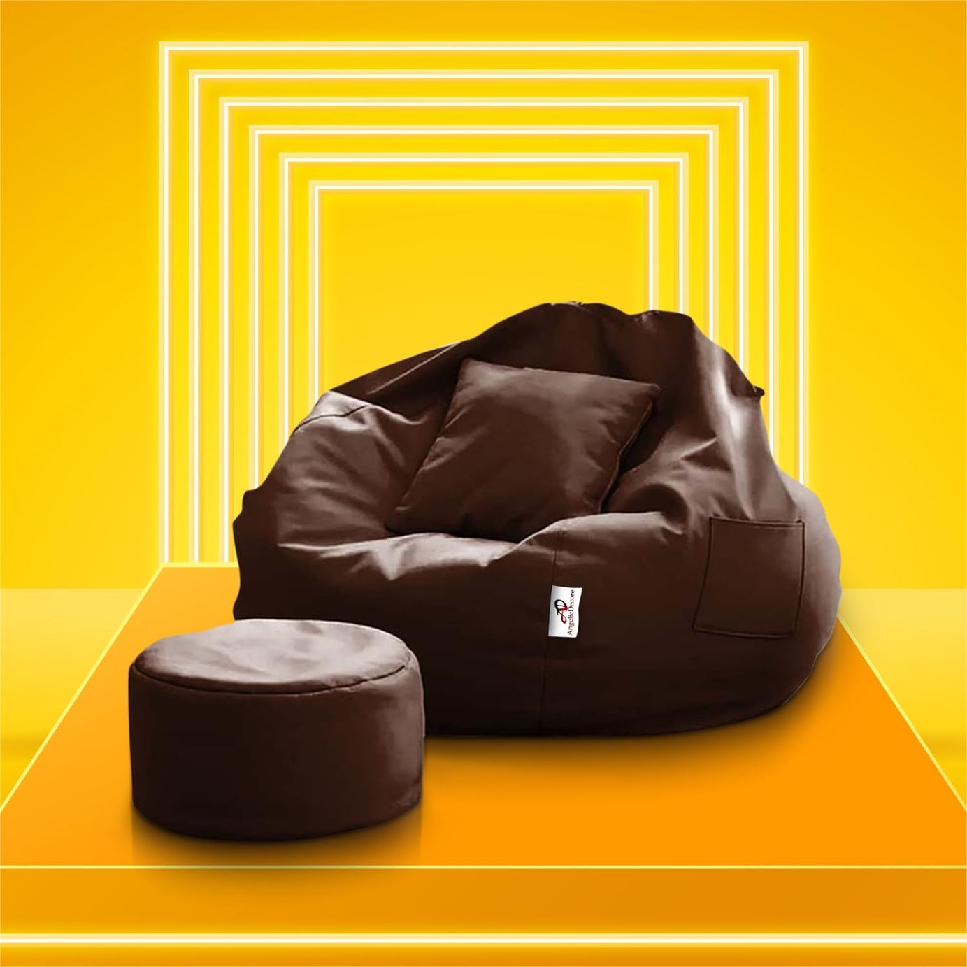 AngelicDecore Brand - 4XL Faux Leather Bean Bag with Stool & Cushion Ready to Use Filled with Beans (Brown) (Jumbo Size)