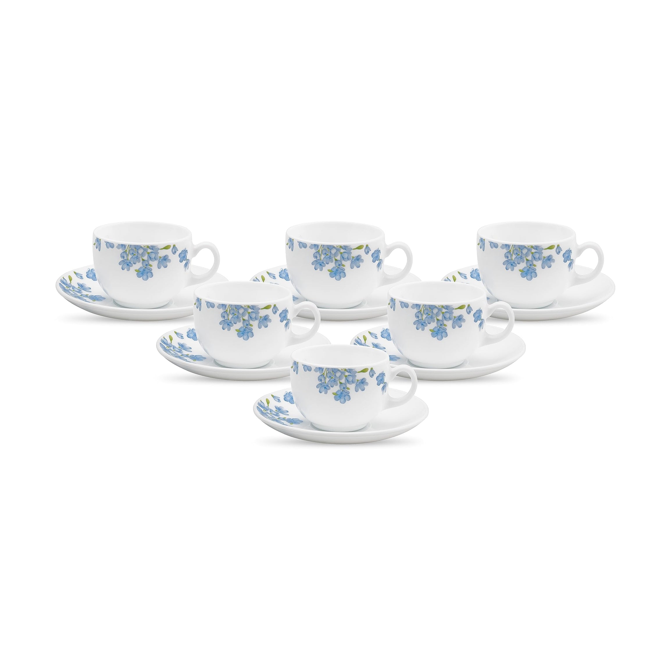 La Opala Diva, Opal Glass Crockery | Cup & Saucer Iris Large, Set of 12 | Aster Blue, 220 ml | for Tea & Coffee | Microwave Safe | 100% Vegetarian | Extra Strong | Super Light | Super White