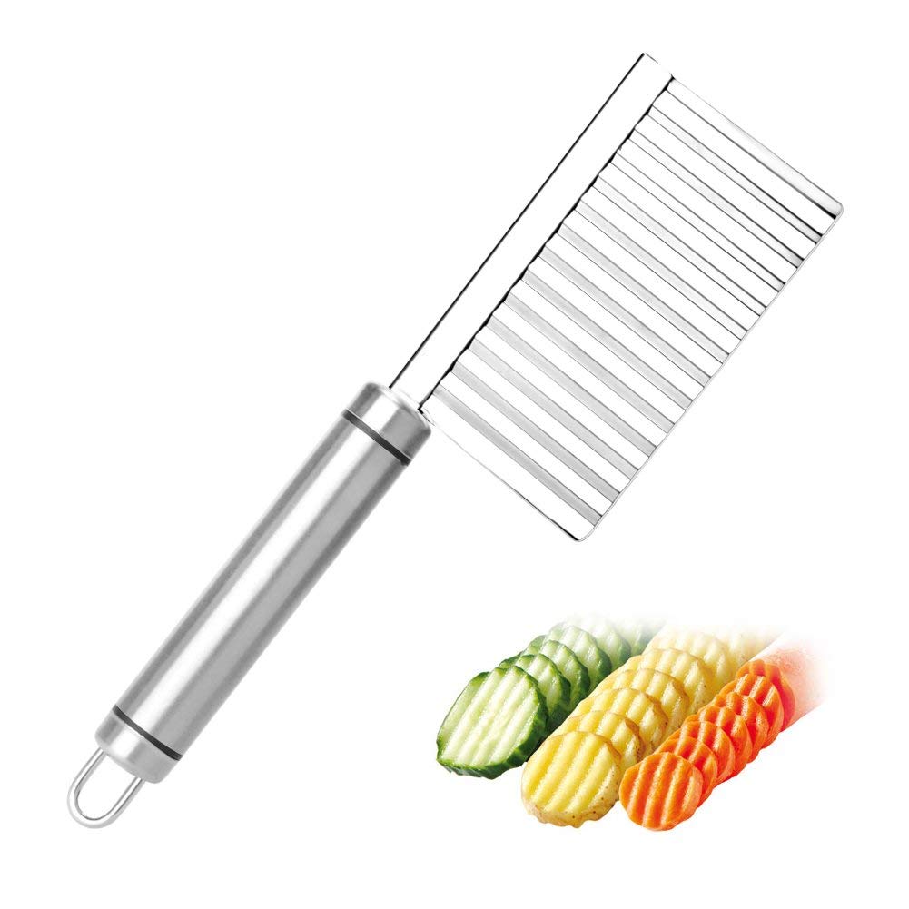 Devera Stainless Steel Plastic Crinkle Cut Knife Vegetable Potato Chip Cutter with Heavy Blade Fork Slicing Helper Fruit and Chopper Onion French Fry Safe Zigzag Knife Kitchen Tools (Silver)