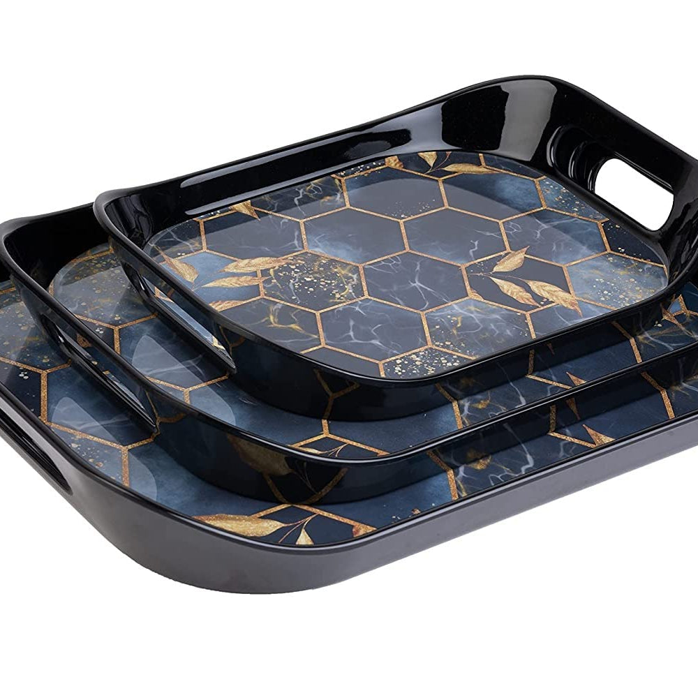 Finner Premium Era Rectangular Shape Serving Tray Set Of 3 Honeycomb Design Plastic Metrial Glossy Finish Bpa Free Trays For Kitchen And Office And Home Decor (Black,Set Of 3)