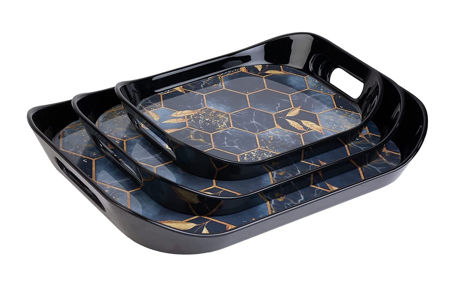 Finner Premium Era Rectangular Shape Serving Tray Set Of 3 Honeycomb Design Plastic Metrial Glossy Finish Bpa Free Trays For Kitchen And Office And Home Decor (Black,Set Of 3)