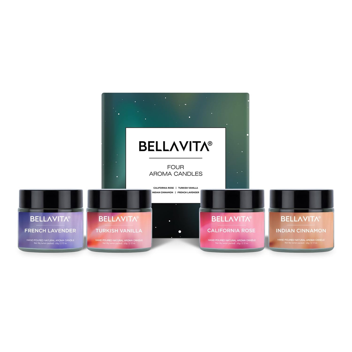 Bella Vita Organic Aroma Candles Set of 4 Scented Aromatic Fragrance of Vanilla, Cinnamon, Lavender & Rose for Gifting & Home, 60 Gms Each,Up to 15 Hours Burn Time