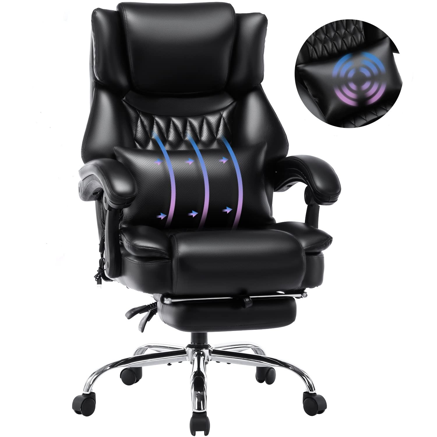 High Back Massage Reclining Office Chair with Footrest - Executive Computer Home Desk Massaging Lumbar Cushion , Adjustable Angle , Breathable Thick Padding for Comfort (Black)