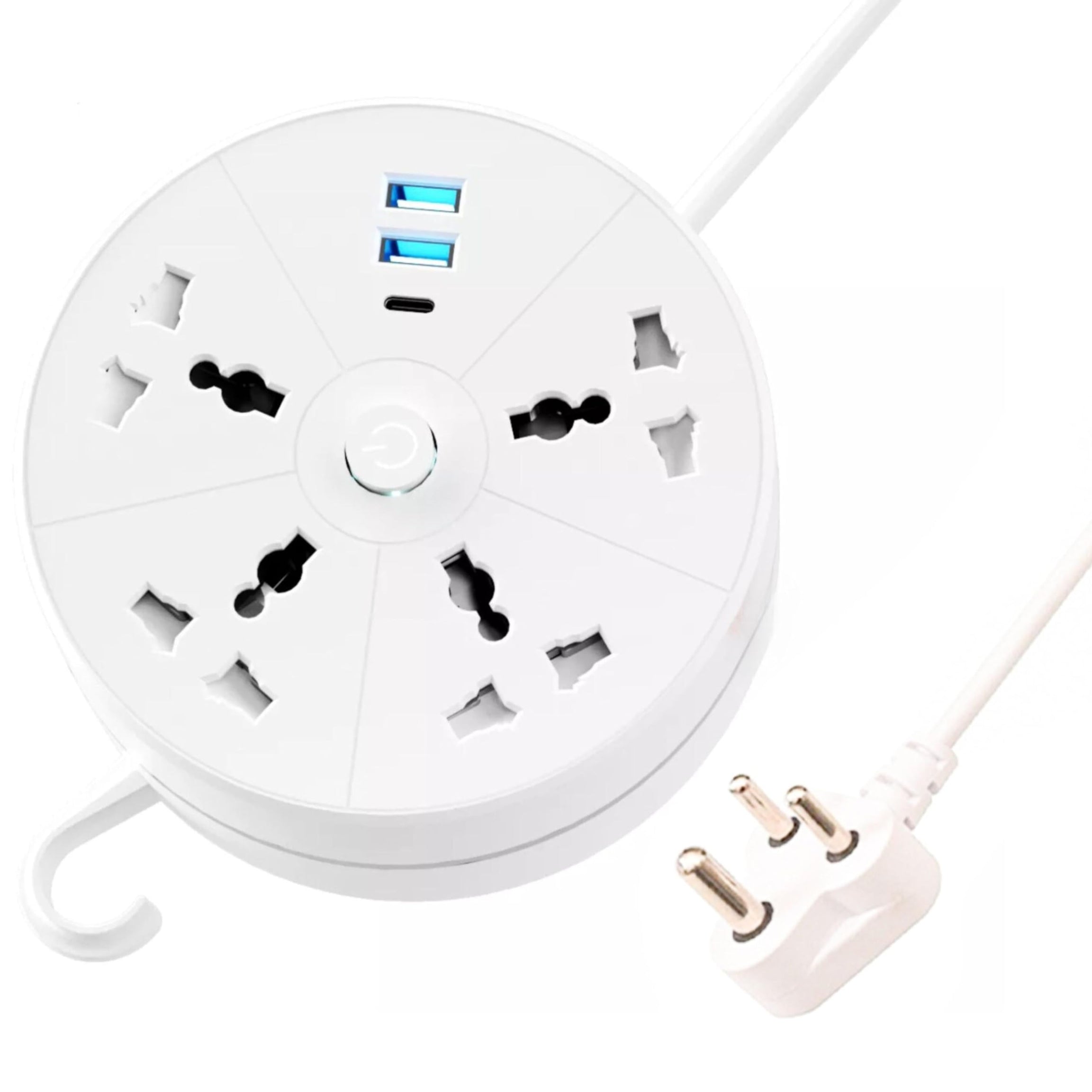 EMBOX Rotary Extension Board with USB C and USB A with Universal Sockets with Indicator-5 mtr Extension Cord, Multi Plug Socket with Safety Shutter(4 Sockets + 3USB Retractable)