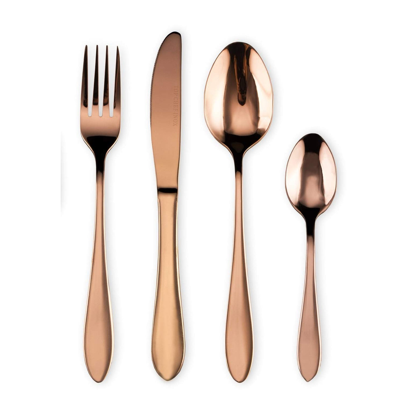 ANH MART Mirror Finish Rose Gold Plated Stainless Steel Flatware Set Copper Silverware Set Rose Gold Spoon Color Cutlery Set [Dinner Fork-Tea Spoon-Salad Spoon-Knife] Set of (Set of 4)