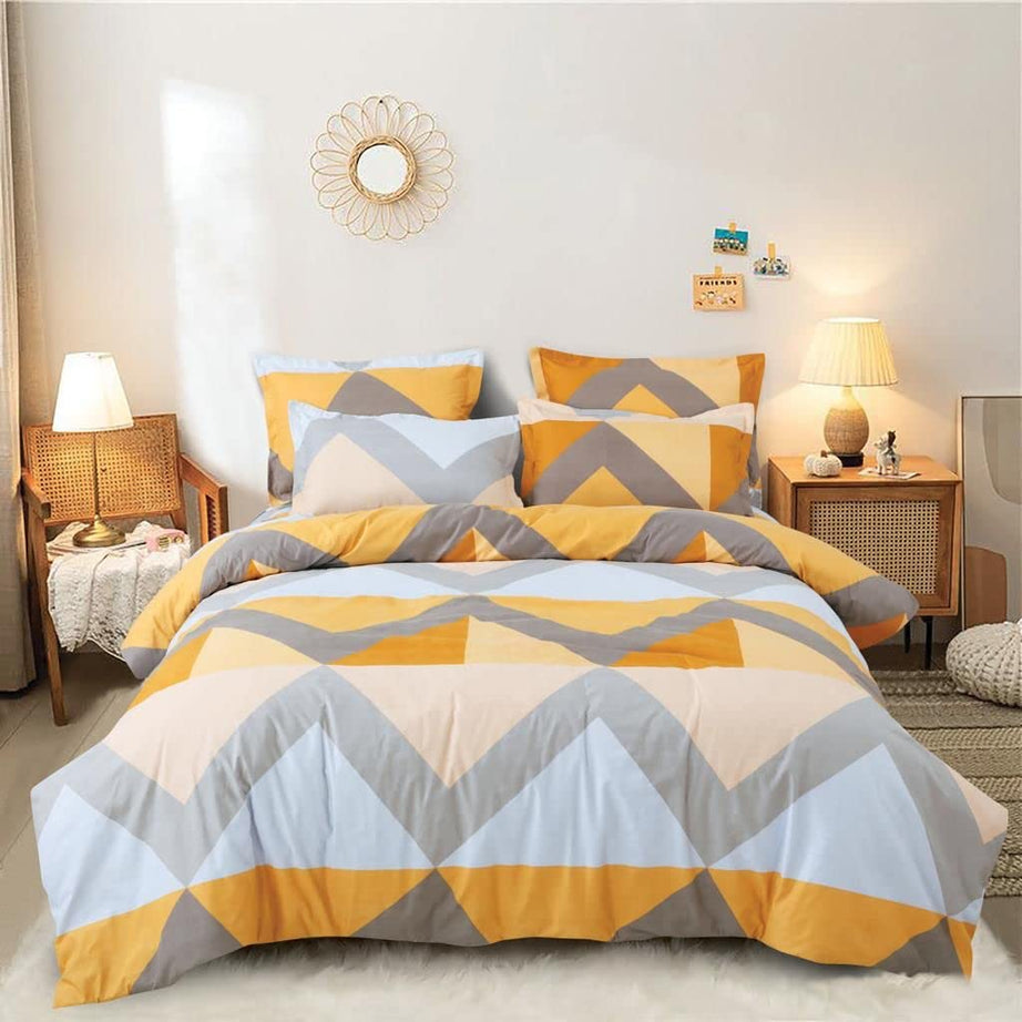 SHOPICTED® Super Soft Glace Cotton King Size AC Comforter ll Blanket ll Duvet with 1 Flat Bedsheet and 2 Pillow Covers for Double Bed (4PC Comforter Set) (Yellow ZigZag Pearls)