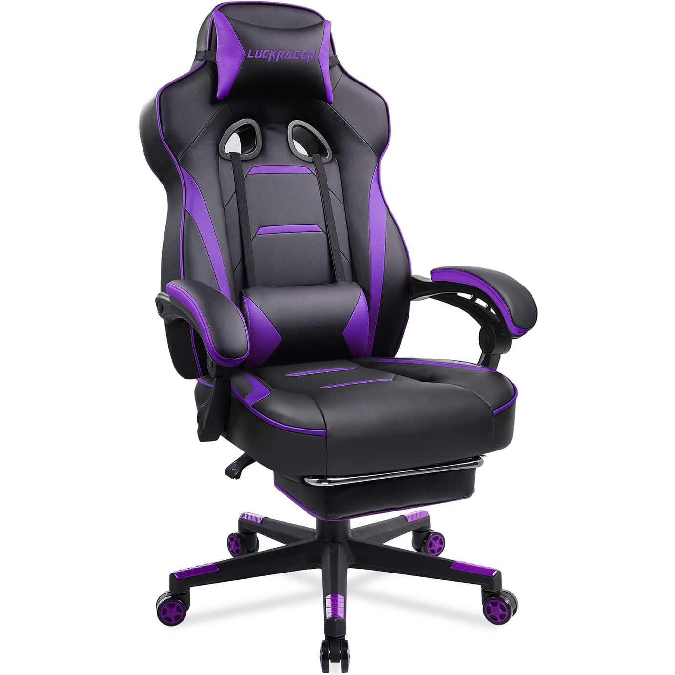 Luckracer Gaming Chair Office Desk Chair with Footrest Pu Leather High Back Adjustable Swivel Lumbar Support Racing Style E-Sports Gamer Chairs,Purple