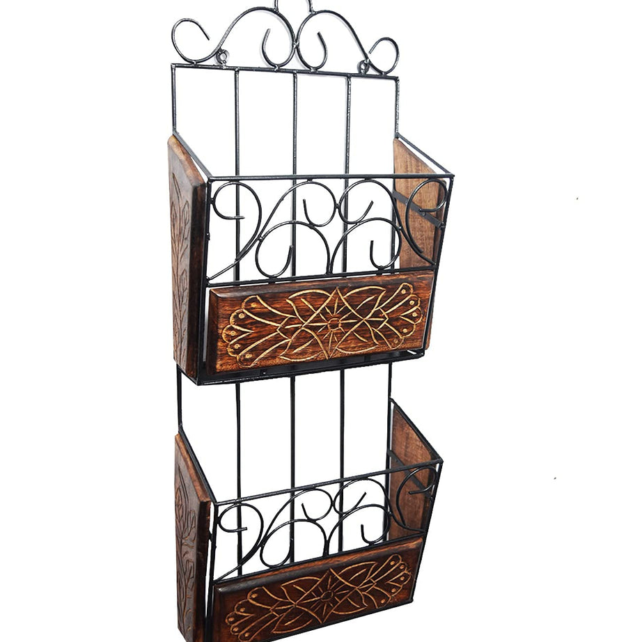 MarkOn Wrought Iron Wall mount Magzine Holder 2-Tier | Newspaper rack & Holder of rhome & Office Decoration | Magazine Cum Newspaper Stand Basket Organizer for Home (Black)