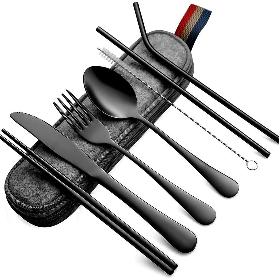 KITOME Portable Utensils, Travel Camping Cutlery Set, 8-Piece Including Knife Fork Spoon Chopsticks Cleaning Brush Straws Portable Case, Stainless Steel Flatware Set (Black)