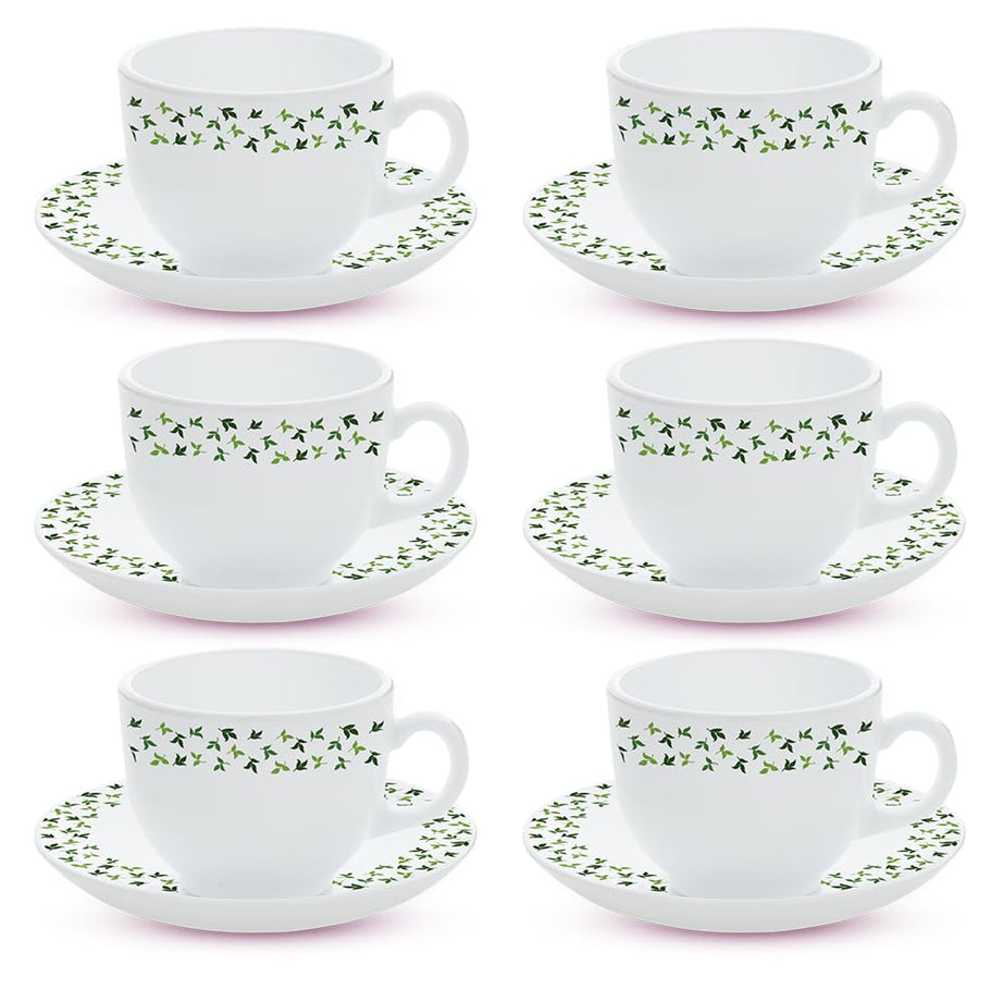 Larah by BOROSIL Silk Series Sage Opalware Cup and Saucer Set of 12 pcs | Tea/Coffee Cups 220 ml | Microwave & Dishwasher Safe, Bone-Ash Free | Crockery Set Ideal for Daily Use & Gifting, White