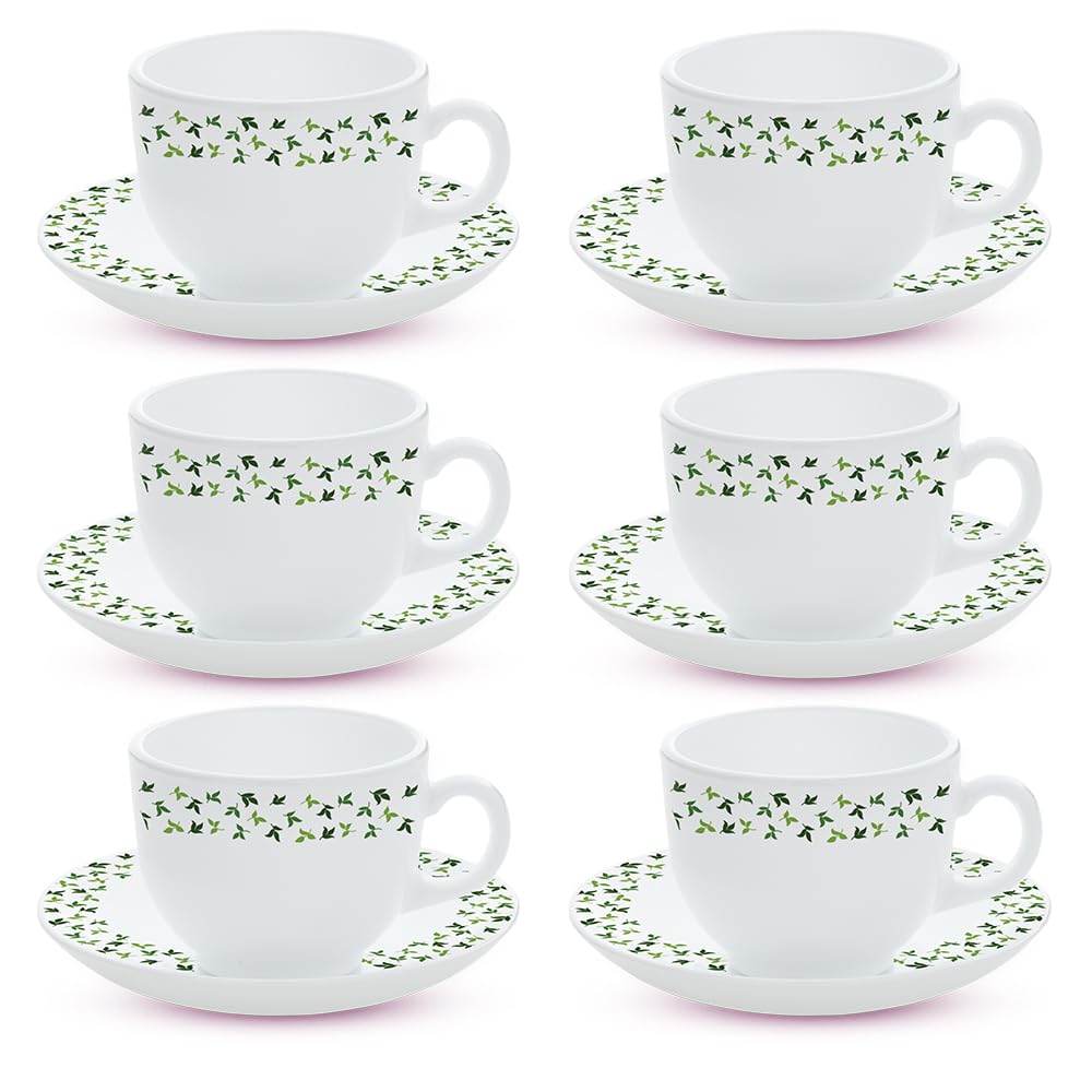 Larah by BOROSIL Silk Series Sage Opalware Cup and Saucer Set of 12 pcs | Tea/Coffee Cups 220 ml | Microwave & Dishwasher Safe, Bone-Ash Free | Crockery Set Ideal for Daily Use & Gifting, White