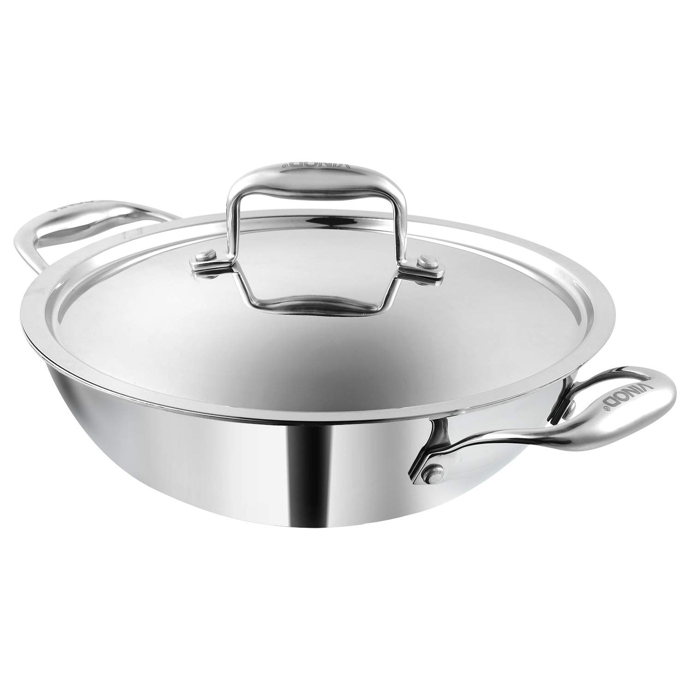 Vinod Platinum Triply Stainless Steel Cookware Kadai with lid - 2.5 litre, 24 cm / 2.5 mm Thick / 3 Layer Kadhai for cooking/Heavy Induction base / 5 Years Warranty