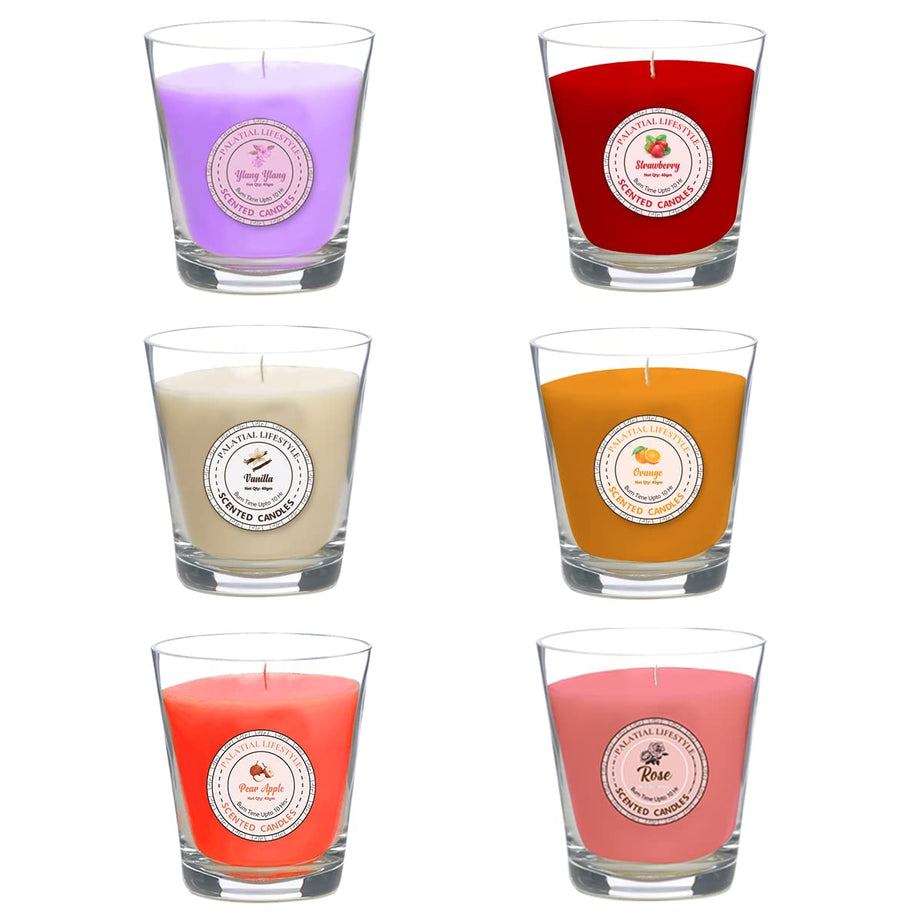 Palatial Lifestyles Scented Candles for Home, Set of 6, Scented Candles for bedroom, Fragrance candle, Aroma candles (Ylang Ylang, English Vanilla, Enticing Rose, Tangy Orange, Passionate Strawberry)