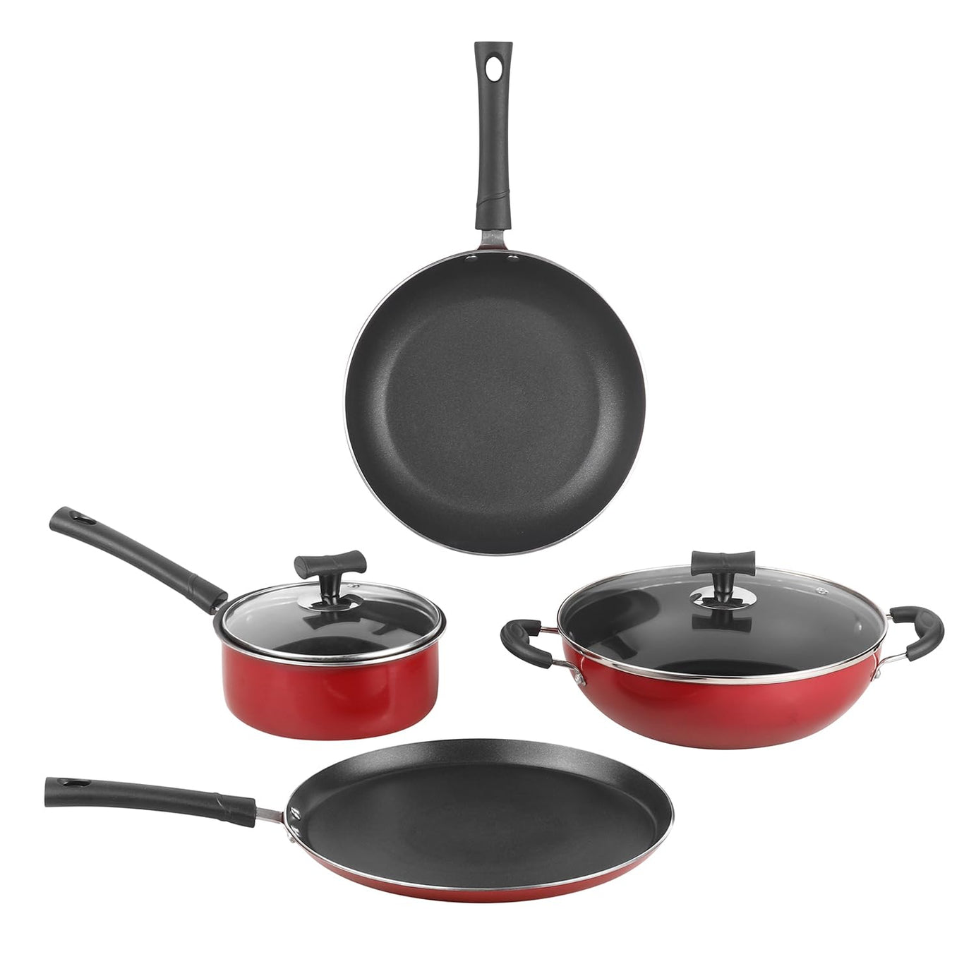 Vinod Popular Aluminium Non Stick Cookware Set of 4 | 2.5 Ltr Kadai, 1.3 Ltr Saucepan, 24cm Frypan and 28cm Dosa Tawa | 3mm Thick, 3 Layer Coating | Induction Base | 2 Year Warranty