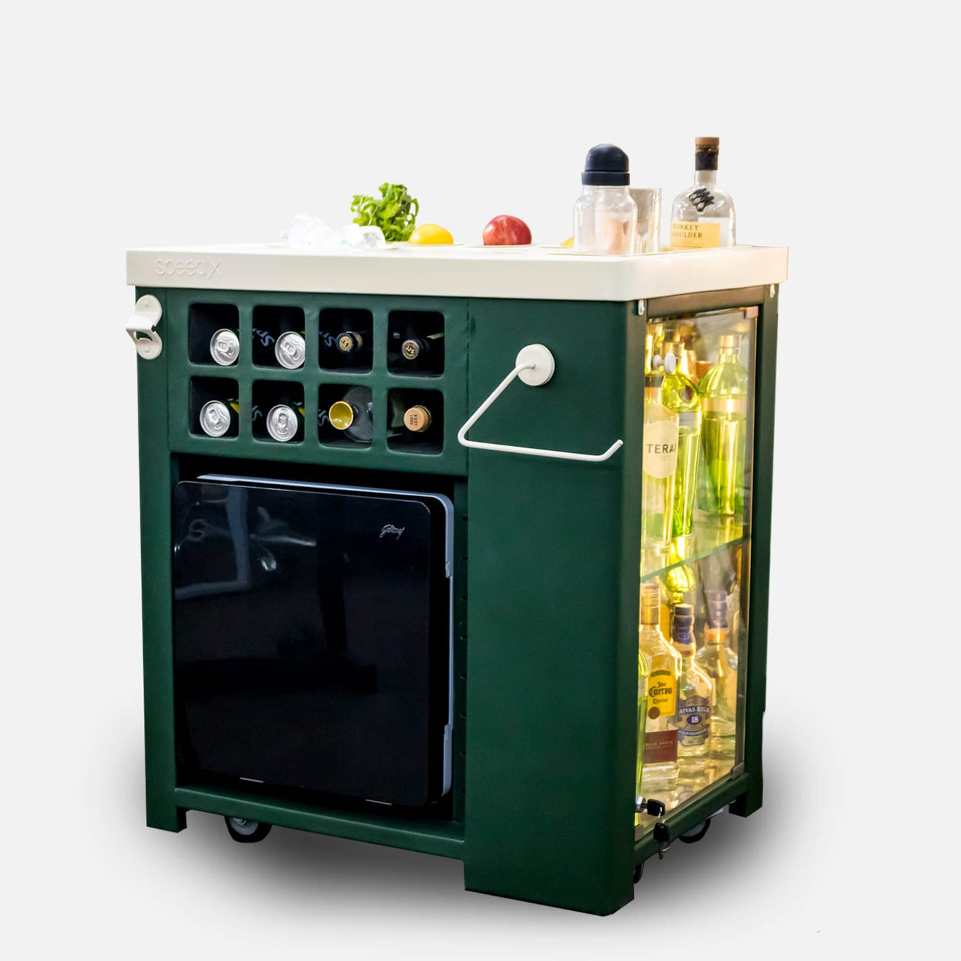 SpeedX Home Bars - Model X Home Bar Cabinet Emerald Green Leather Vinyl Finish with Built in 30L Thermoelectric Fridge (Easily Movable with Wheels at The Bottom)