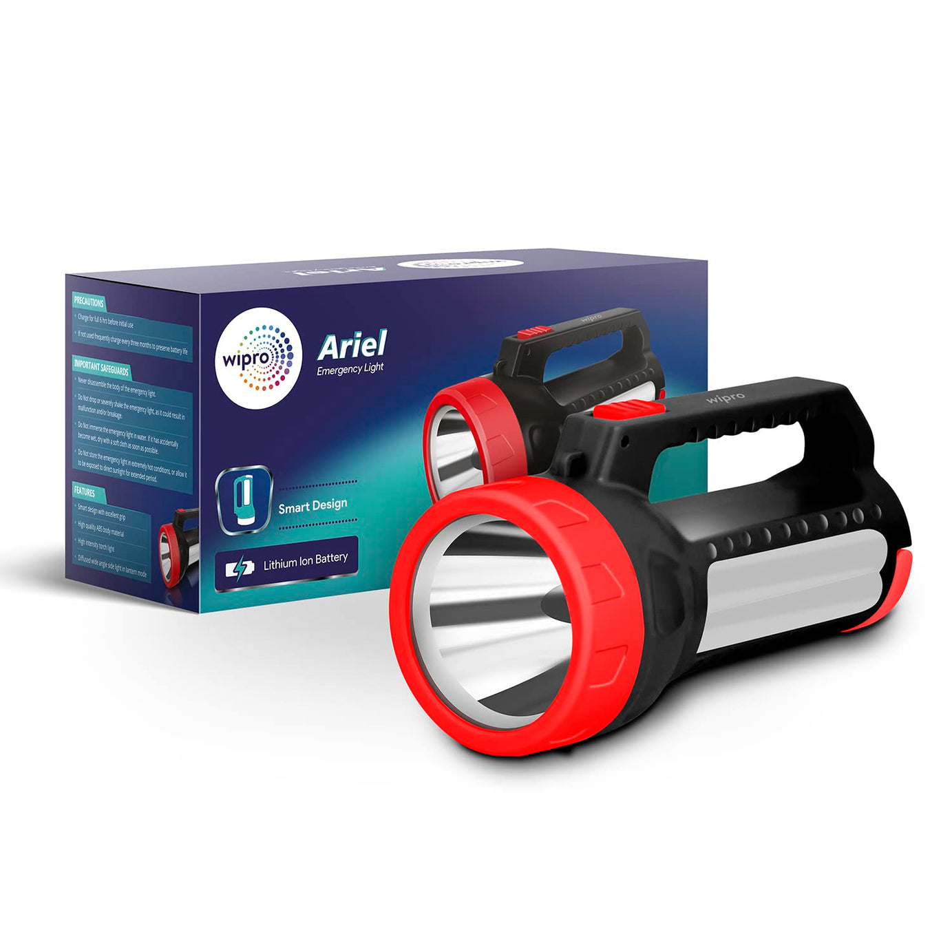 Wipro Ariel Multi-Functional Rechargeable Emergency Light ,Black & Red | 3 Modes of Lighting |Torch Mode|Lantern Mode |Li-Ion Battery