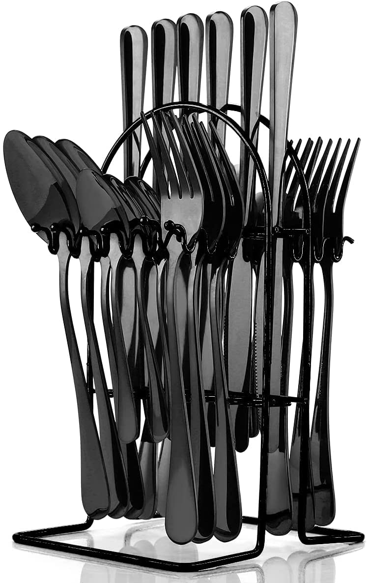 Ginoya brothers 24-Piece Colorful Silverware Set Cutlery Set for 6 with Holder,Premium Stainless Steel Flatware Set,Home Kitchen Restaurant Utensils, Mirror Polished,Dishwasher Safe (Black)