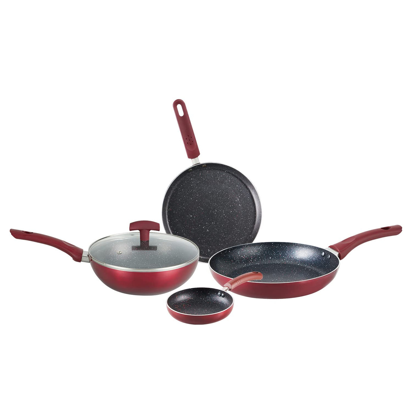 Bergner Amarone 5 Pcs Induction Bottom Cookware Set of 24 cm (2.4 L) Kadhai with Glass Lid, 24 cm (1.3 L) Fry Pan,25 cm Tawa, 14 cm Mini Pan, Induction Base and Gas Stove Ready - Maroon