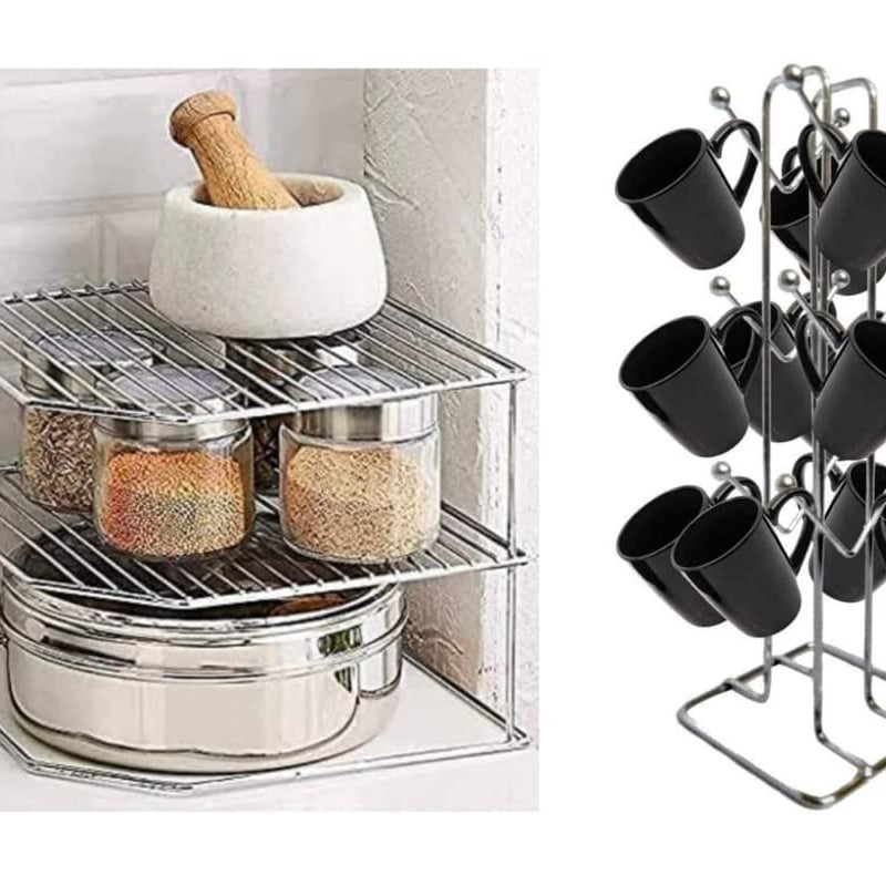 AB99 COLLECTION Combo Multipurpose Sturdy Stainless Steel Corner Shelf Rack for Plates, Bowls & Cups in Kitchen and 12 Cup Stand Cup Holder for Home, Office Cup Stand (255 x 255 x 320 MM) (Set of 2)