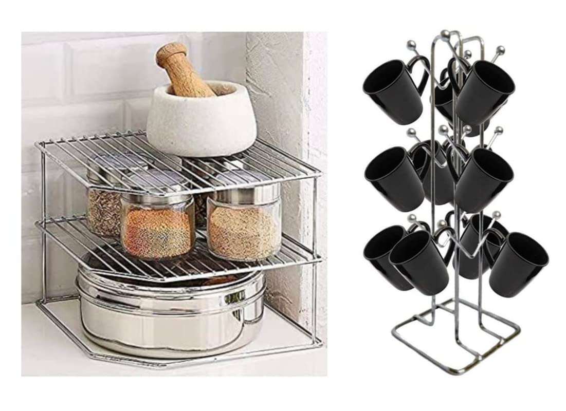 AB99 COLLECTION Combo Multipurpose Sturdy Stainless Steel Corner Shelf Rack for Plates, Bowls & Cups in Kitchen and 12 Cup Stand Cup Holder for Home, Office Cup Stand (255 x 255 x 320 MM) (Set of 2)