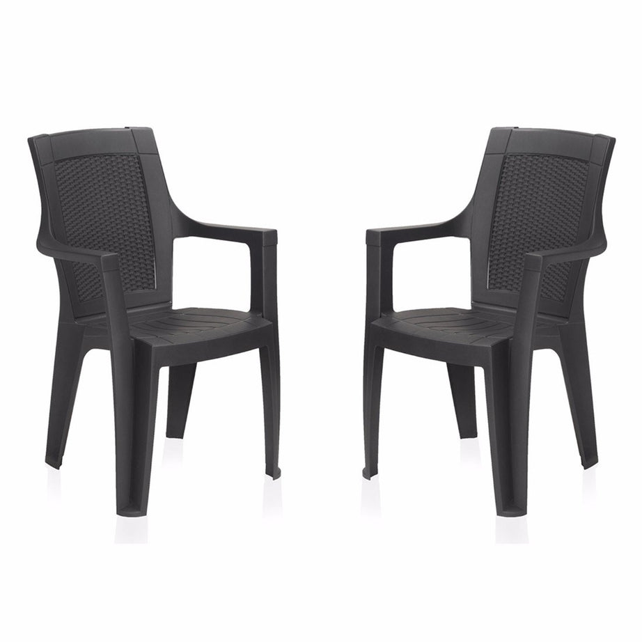 Nilkamal MYSTIQUE Plastic Mid Back with Arm Chair|Chairs for Home|Dining Room|Bedroom|Kitchen|Living Room|Office - Outdoor - Garden|Dust Free|100% Polypropylene Stackable Chairs|Set of 2|Charcoal Grey