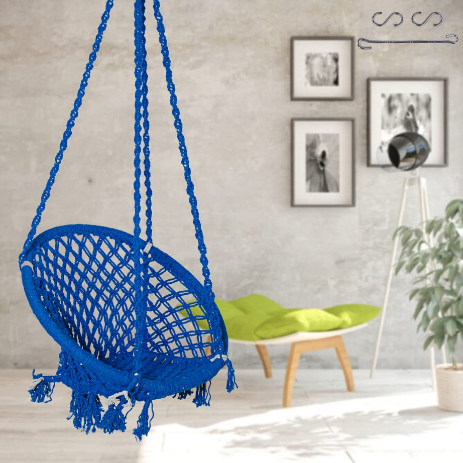 Patiofy Home Swing For Adults&Kids|Suitable For Living Room,Balcony,& Outdoor|(1 Seater)Capacity Up-To 120 Kgs|Includes Free Hanging Accessories|Handmade Jhula With Premium Cotton Rope|Blue,43.2 Cm