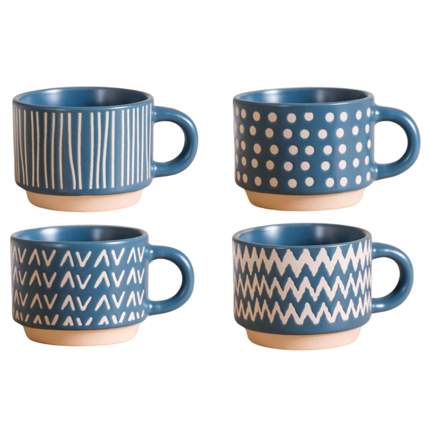 Nestasia Stackable Ceramic Cups Set of 4 (100 ml) | Microwave & Dishwasher Safe Tea & Coffee Mugs with Glossy Finish | Ideal for Gifting (Printed Blue with Stand)