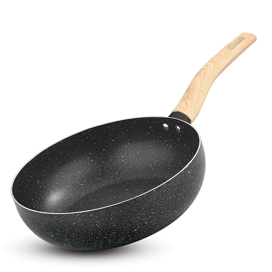 BERGNER Earth Black Non-Stick 24cm Wok, 3 LTR Wok with Long Wooden Finish Soft Touch Handle, 2.5 mm Thickness, Consumes Less Oil, Even Heat Distribution, White Marble Splatter, Induction Bottom