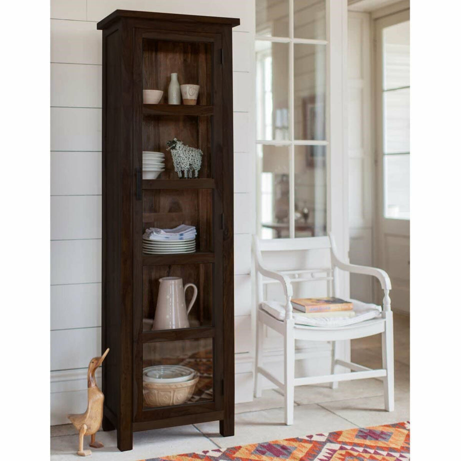 ANGEL FURNITURE Baltimore Solid Sheesham Wood Tall Crockery Cabinet | Book Shelf with Glass Door Walnut Finish