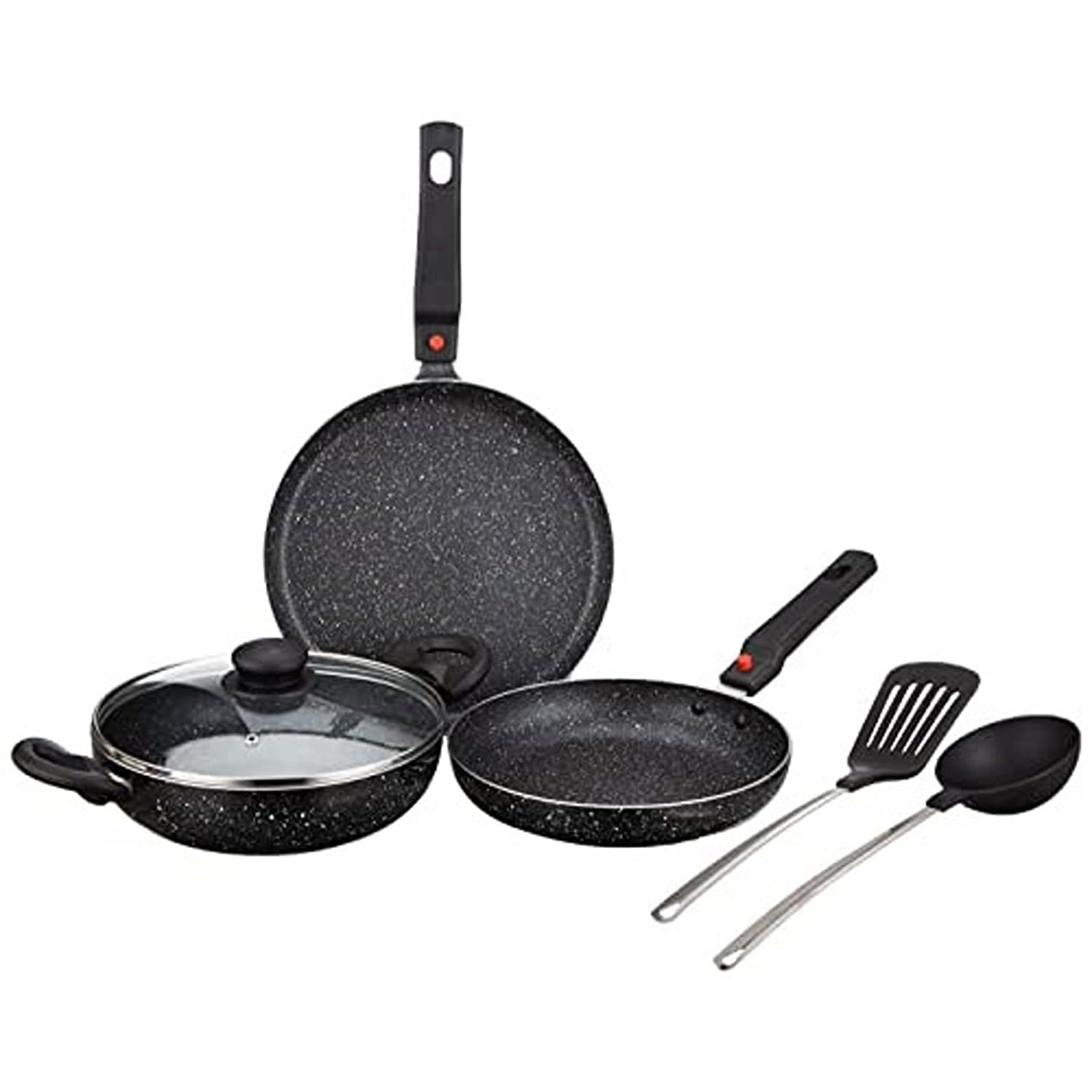 Amazon Brand - Solimo Aluminium 6 Piece Non-Stick Cookware Set with Detachable Handle| Granite Finish | Induction Base | Pfoa Free | HTR Exterior Coating | Black