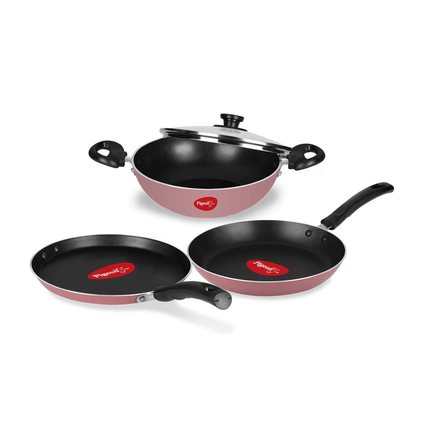 Pigeon Basics Non Induction Base Nons tick Aluminium Cookware set, including Nonstick Dosa Tawa, Nonstick Kadai With Glass Lid, and Nonstick Frying Pan, (Pink)