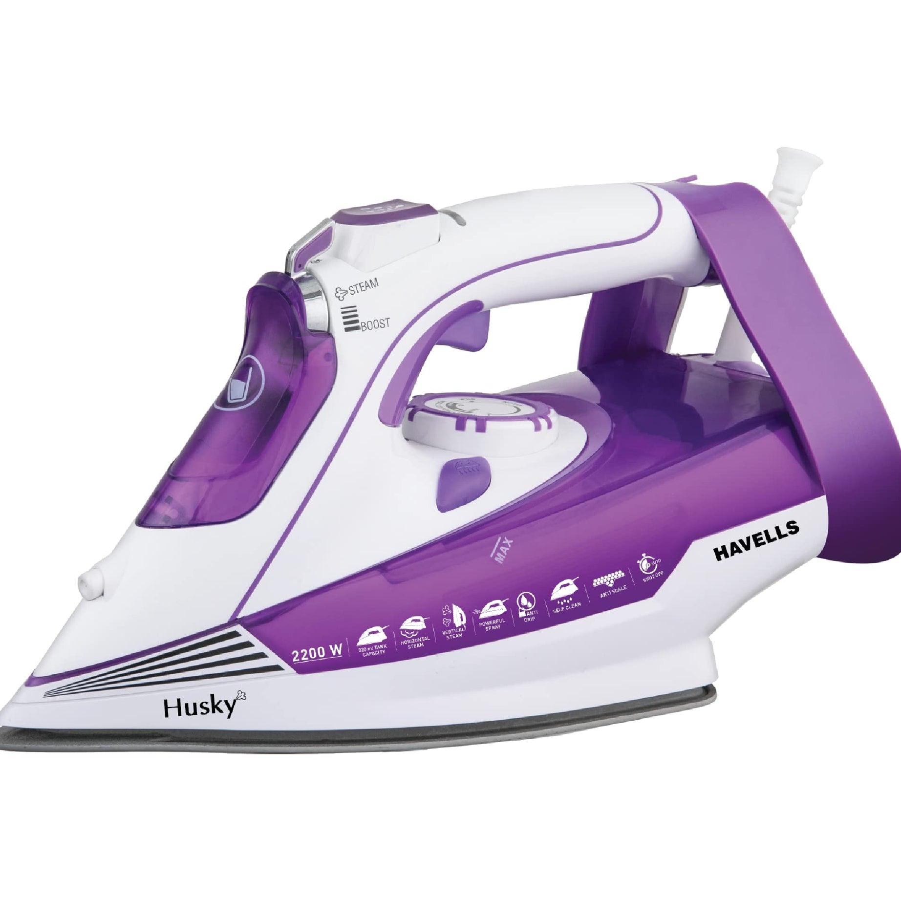 Havells Plastic Husky 2200 W Steam Iron With Auto Shut Off, Steam Boost, Vertical, Horizontal Ironing, Anti Drip, Self-Cleaning&Anti Calc Technology. (Purple), 2200 Watts