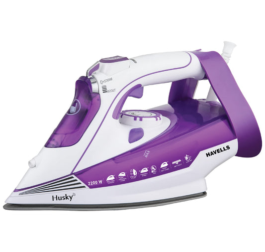 Havells Plastic Husky 2200 W Steam Iron With Auto Shut Off, Steam Boost, Vertical, Horizontal Ironing, Anti Drip, Self-Cleaning&Anti Calc Technology. (Purple), 2200 Watts