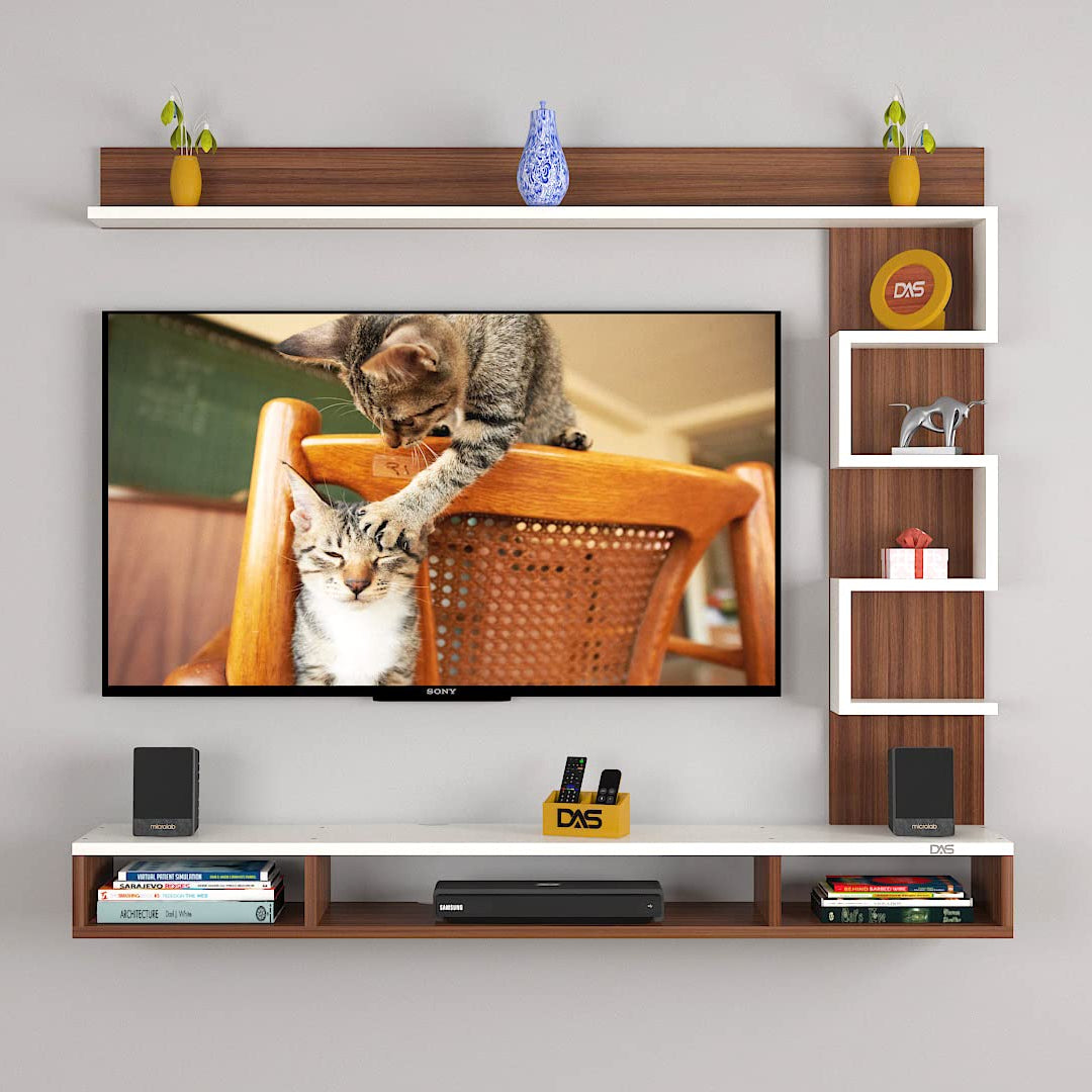 DAS HUBERT MINI Wall Mount Engineered Wood TV Entertainment Unit/Tv Rack Set to Box Stand with wall shelves for Living Room Classic Walnut & Frosty White Finish (Ideal for up to 43") Screen