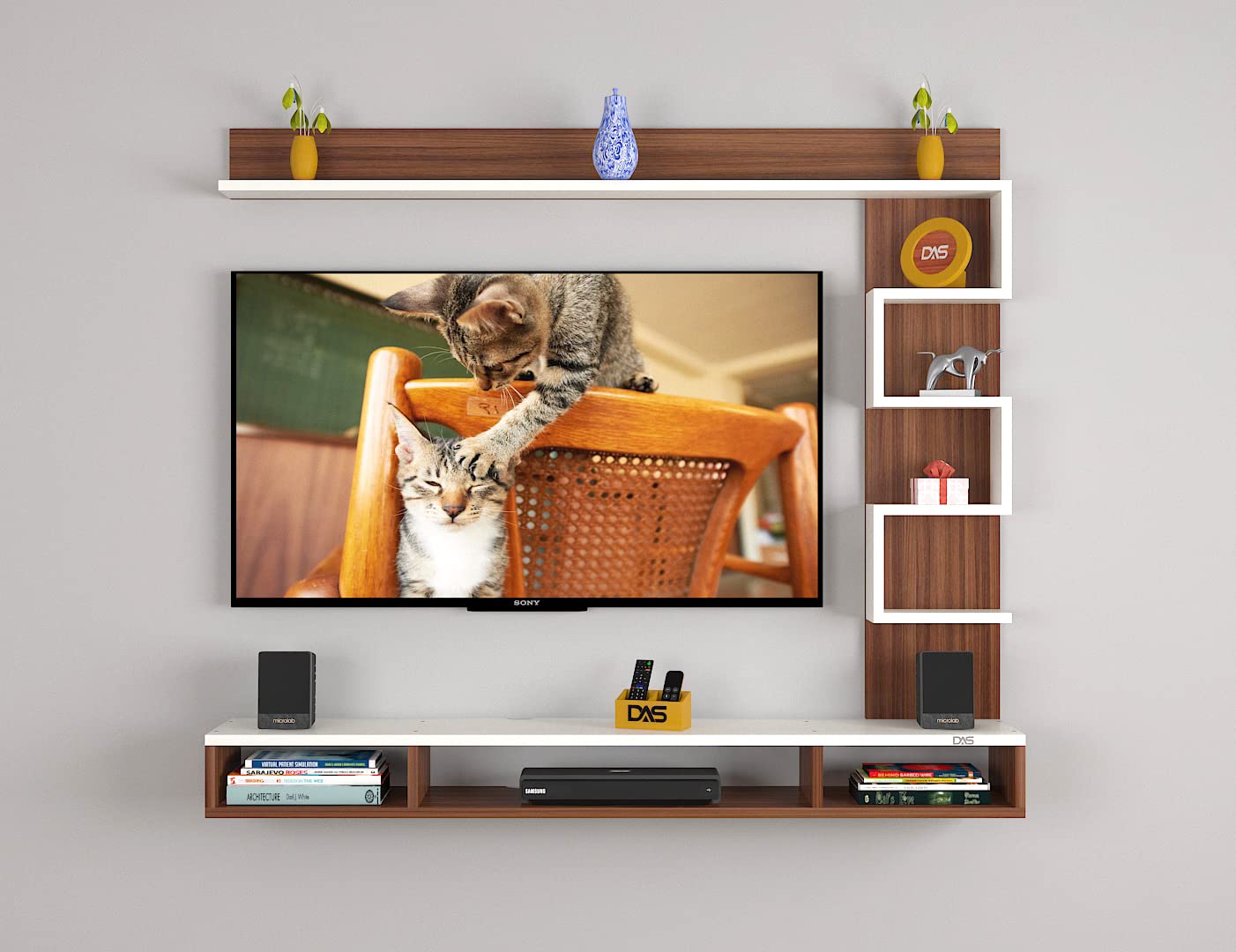 DAS HUBERT MINI Wall Mount Engineered Wood TV Entertainment Unit/Tv Rack Set to Box Stand with wall shelves for Living Room Classic Walnut & Frosty White Finish (Ideal for up to 43") Screen